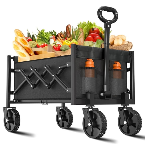 YUWENUS Collapsible Wagon 150L Capacity Beach Wagon Foldable Lightweight Wagon with Wheels for Camping, Beach, Black