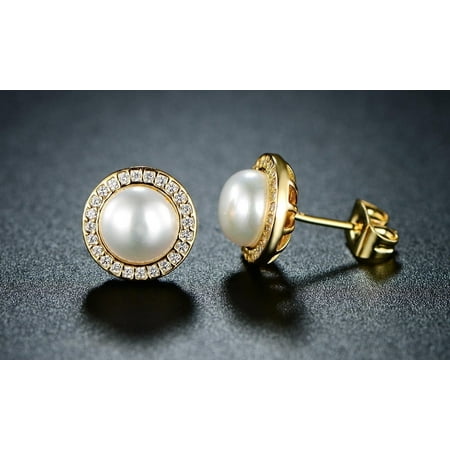 Paris Jewelry 18K Yellow Gold White Freshwater Pearl Halo Round 3 CT Stud Earrings for Men | Women plated