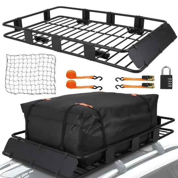 Roof Rack Cargo Basket 64 x 39 in Universal SUV Rooftop Cargo Basket Carrier for Car SUV Truck,Roof Cargo Basket with Cargo Bag,Luggage Lock,Net,Ratchet Straps Adjustable Roof Basket 48"x 39"