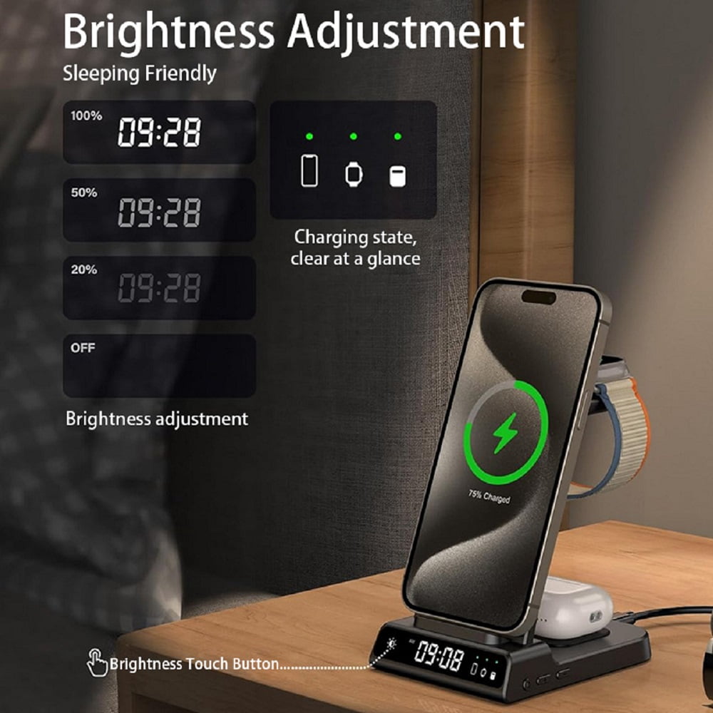 Wireless Charger Fits for iPhone & Samsung, 3 in 1 Fast Charging Station for Multiple Devices with Digital Clock Charging Dock Stand Compatible with iPhone & Apple Watch & AirPods,Black