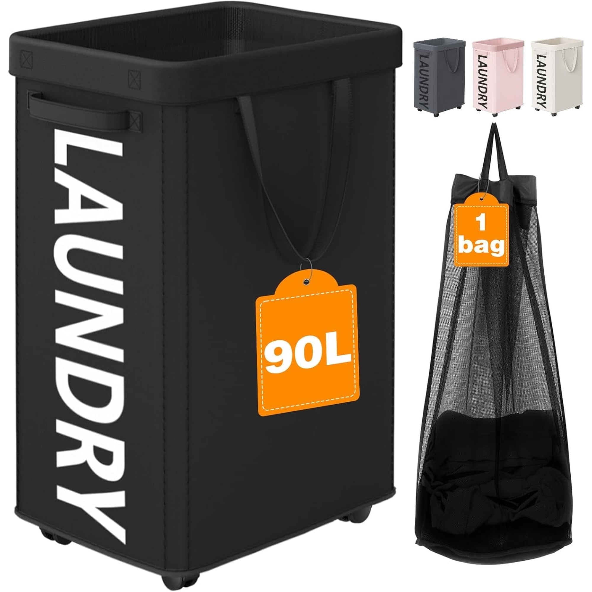 90L Rolling Laundry Basket with Wheels, 29 IN Laundry Hamper with Wheels and Removable Mesh Bag, Black Laundry Basket on Wheels for Bedroom, Dorm, Large Laundry Basket Organizer