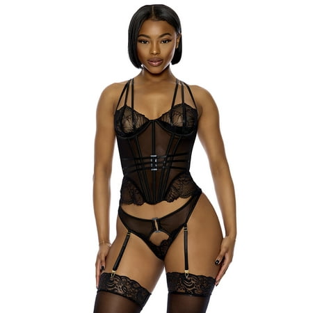 Thirst Strap Strappy Lace Bustier Lingerie Set - Black