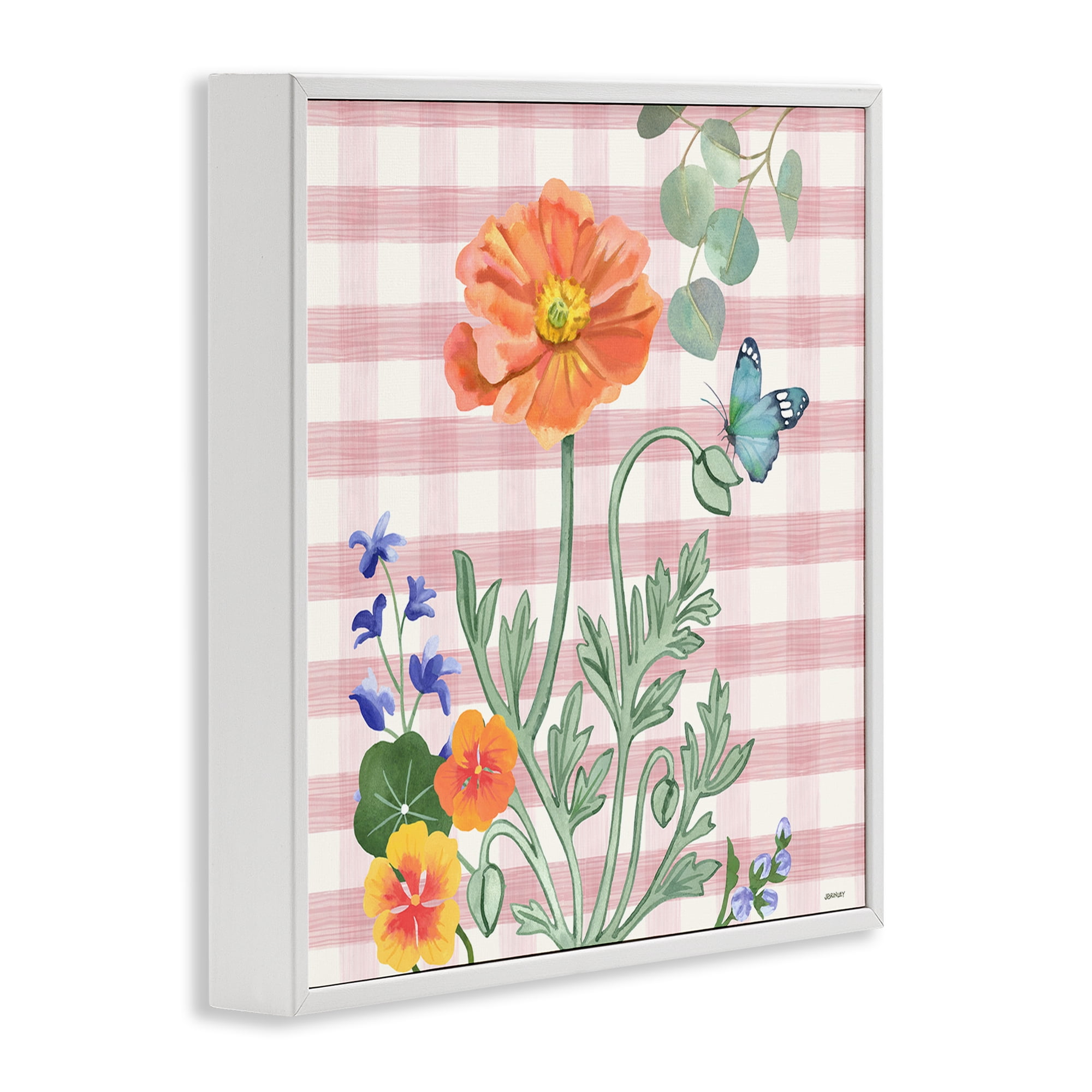 Stupell Industries Gingham Garden Poppy Botanical & Floral Painting White Framed Art Print Wall Art, 17 x 17