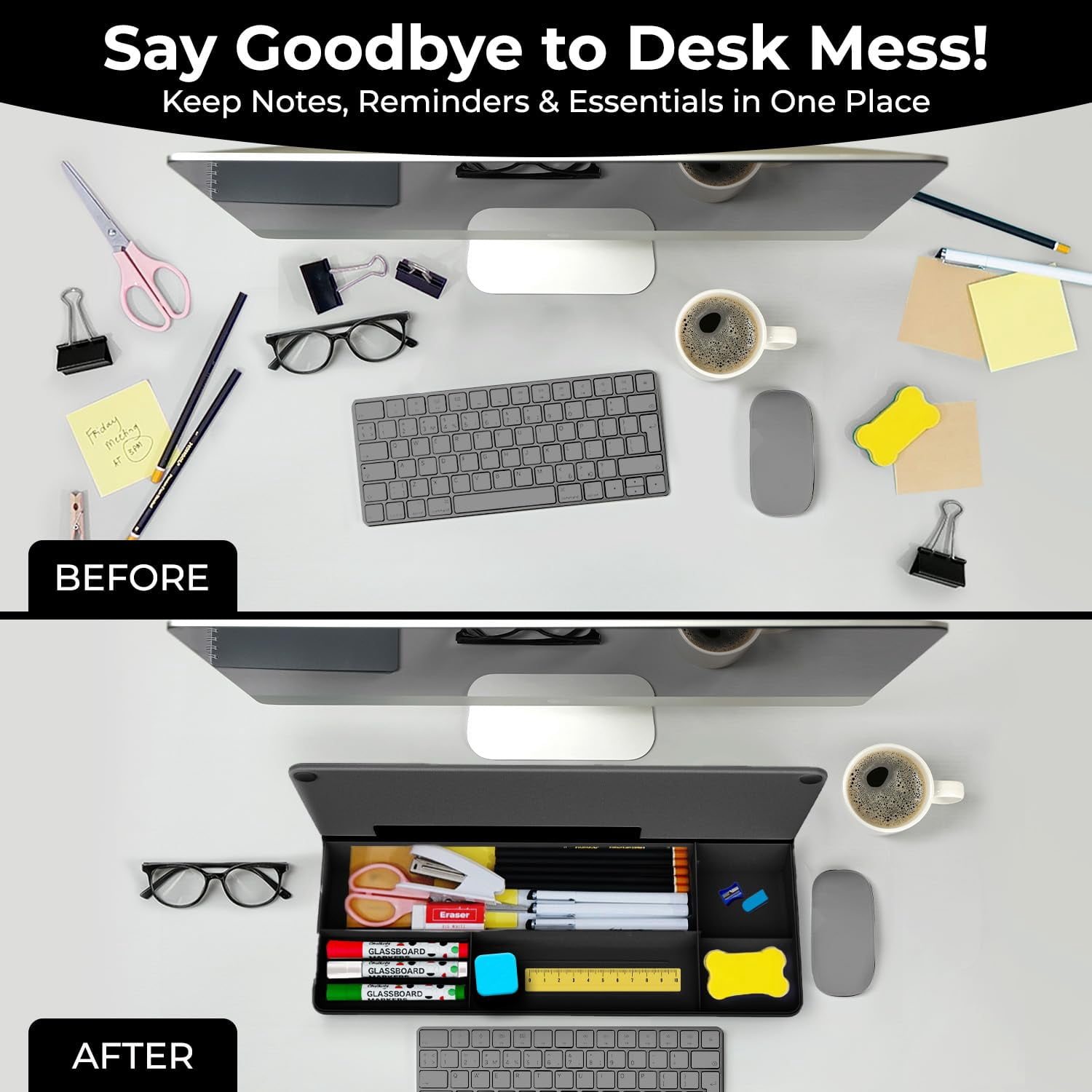 Black Glass Desktop Whiteboard With Storage - Dry Erase Board  Work Desk Organizers Computer Stand Home Office Accessories Workspace Buddy + 3 Markers