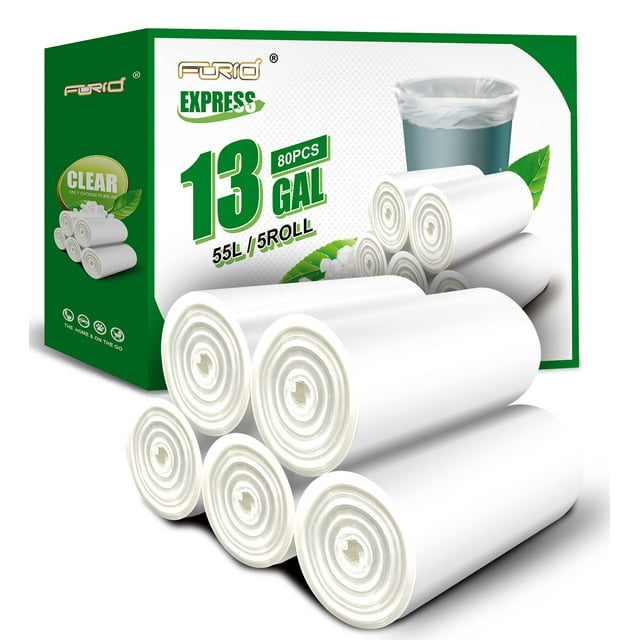 Bolsas de basura FORID, 55 L, 13 galones, 80 unidades, plástico transparente
