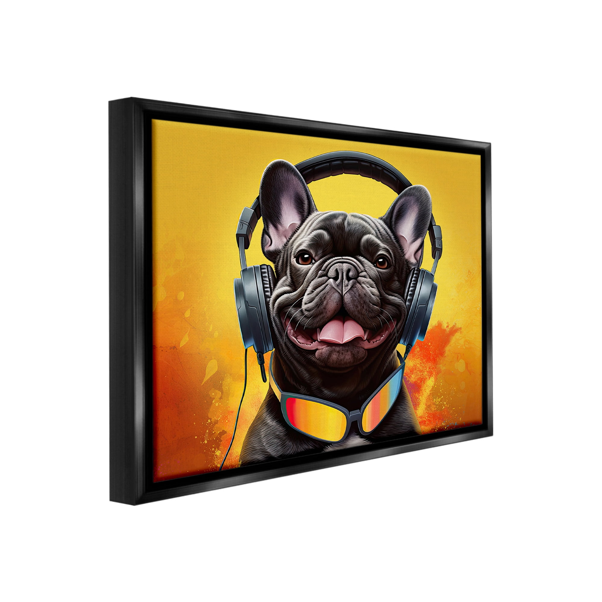 Stupell Industries Modern Dog with Headphones Animals & Insects Painting Black Floater Framed Canvas Art Print Wall Art, 21 x 17