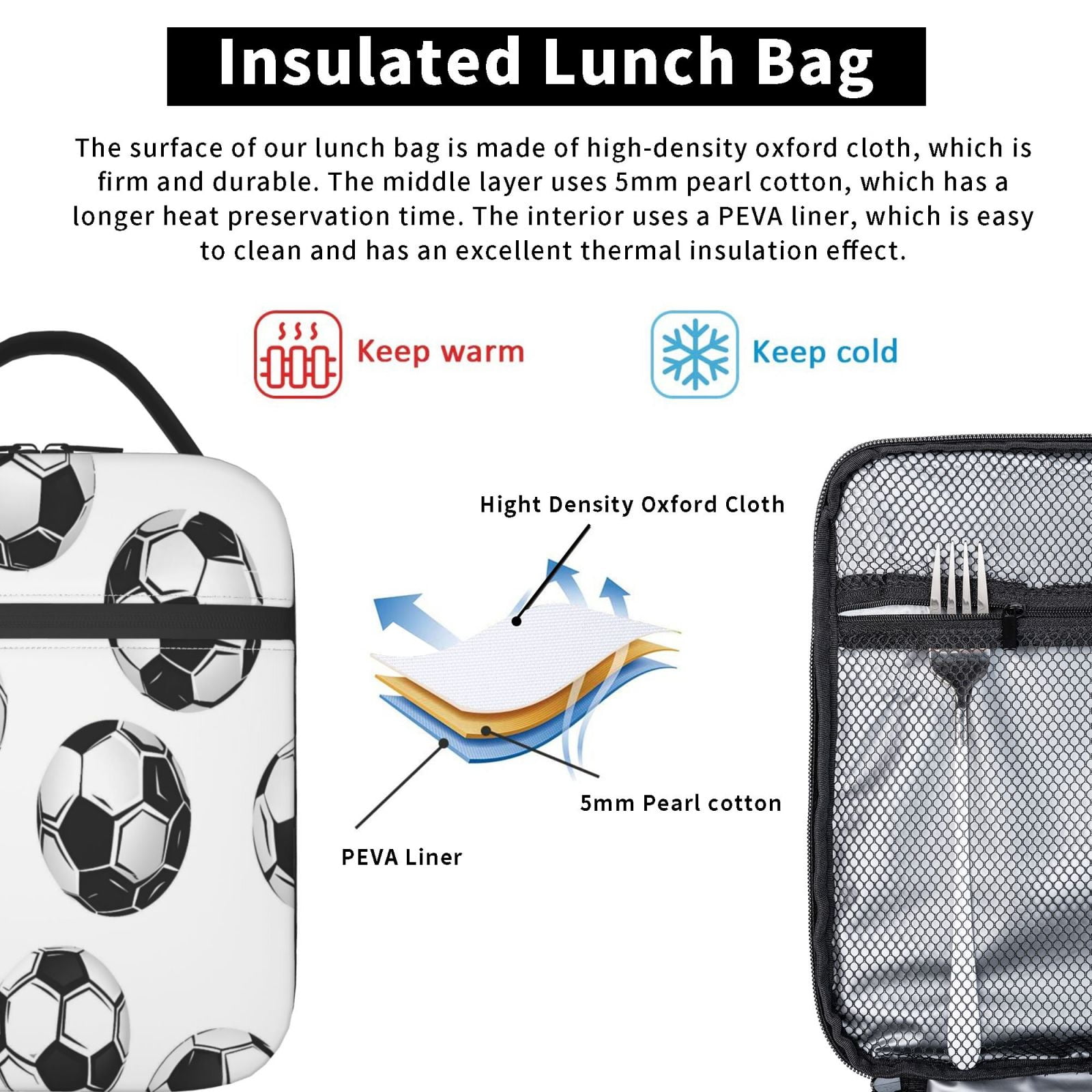 Lunch Bag For Women Men Insulated Portable Lunch Box Bento Box Office Picnic Travel Cooler Bag Soccer Football Theme Sporty Dynamic Style Soccer Balls