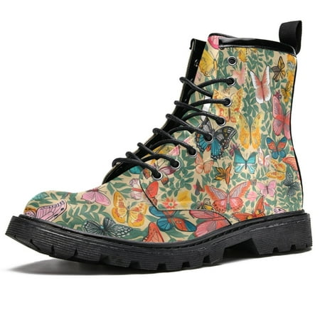 

Redveluv Vintage Colorful Butterfly with Green Leaves Printing Leather High Top Shoes Fashion Lace-up Combat Boots Ankle Booties for Women 7.5