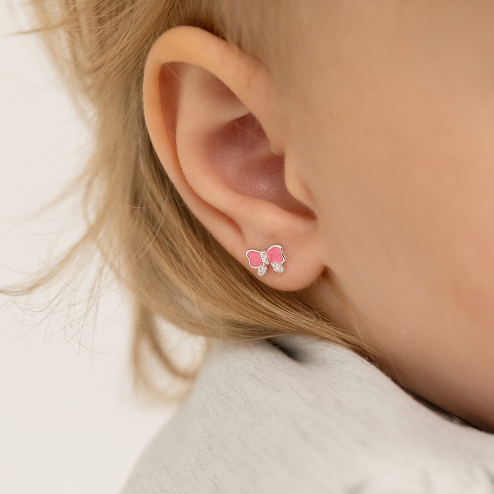 Pretty in Pink Bow Baby Toddler Kids Earrings Screw Back Sterling Silver Walmart