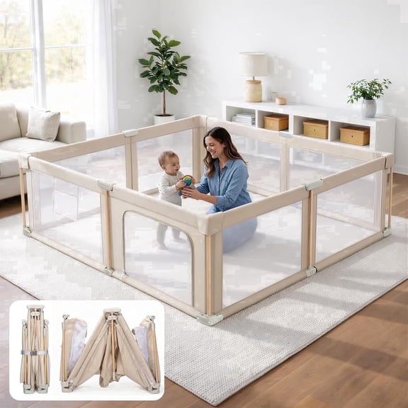 PRVAETU 79"x71"x27" Foldable Baby Playpen with Mat, Play Yard Fence for Babies Boys Girls Toddlers, Large Playard W/ 300D Fabric for Infant and Kids,Khaki