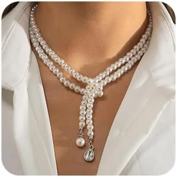 XBage Boho Pack Of 1 Shiny Crystal Pendant Necklace Round White Pearl Choker Vintage Choker 1920S Necklaces Bridal Wedding Necklace For Women[xl7552]