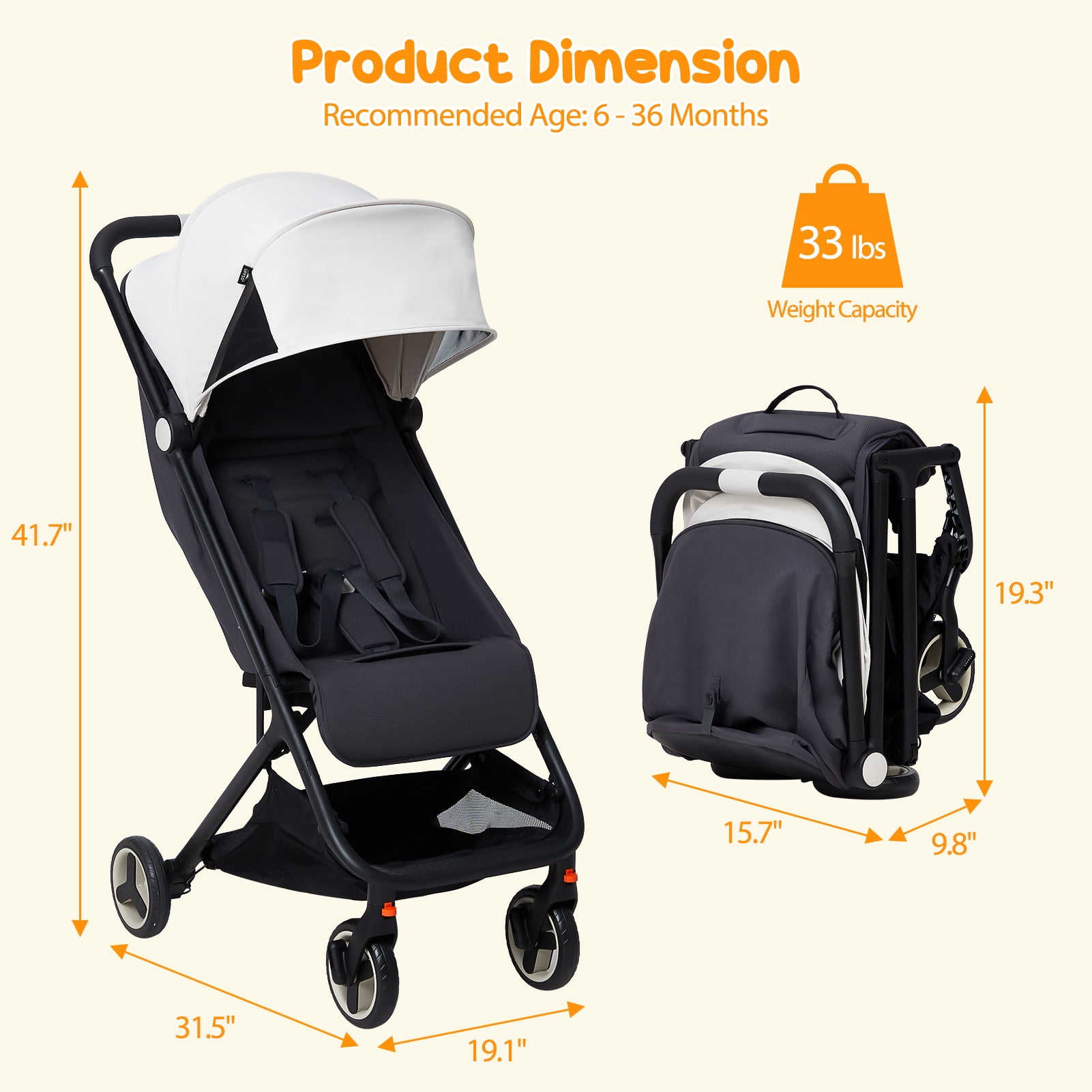 Roromall Lightweight Stroller, Compact One-Hand Fold Travel Stroller for Airplane Friendly, Reclining Seat and Canopy