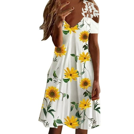 

koaiezne Women Summer V Neck Dresses Sunflower Print Loose Fashion Dress Off The Shoulder Casual Dress Beach Sundress Maxi Dresses for Women Denim Dresses Women Maternity