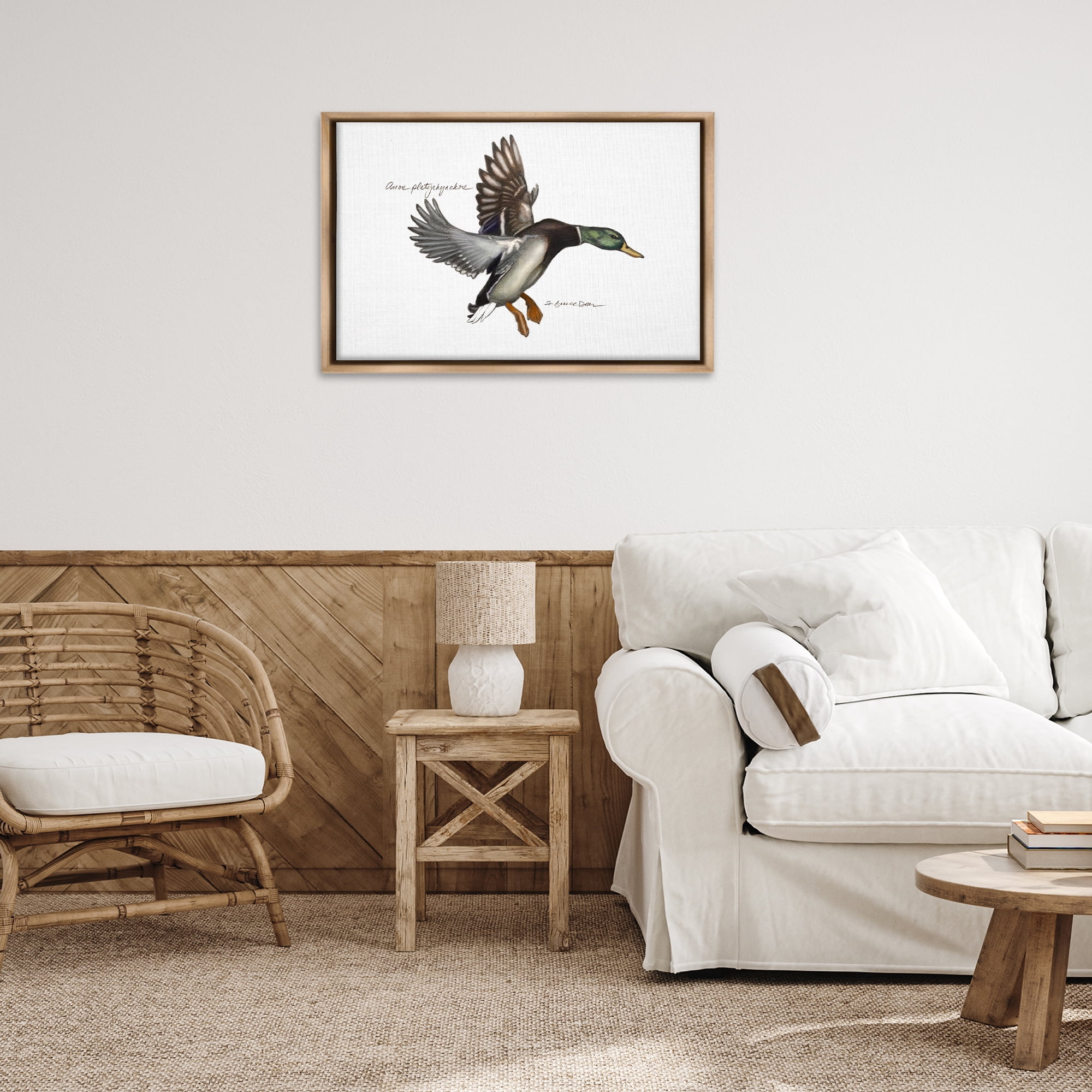 Stupell Industries Flying Mallard Duck Animals & Insects Painting Brown Floater Framed Canvas Art Print Wall Art, 31 x 21
