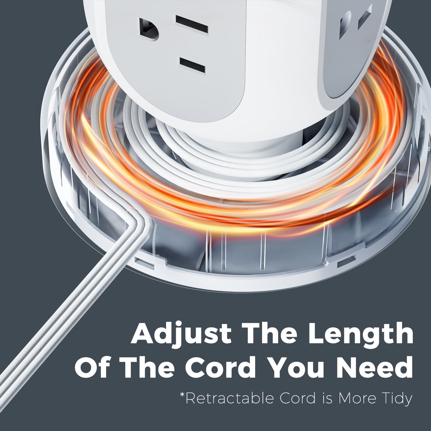11-Outlet Spinning Charging Tower,  Power Strip with 5ft Ultra Thin Retractable Extension Cord and 3 USB Ports, 1050J Surge Protector, Gray