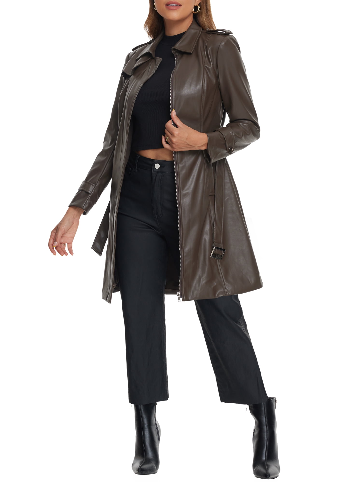 INSPIRE CHIC Faux Leather Long Jacket for Women's Lapel Slim Fit Long Sleeve Zip Coats