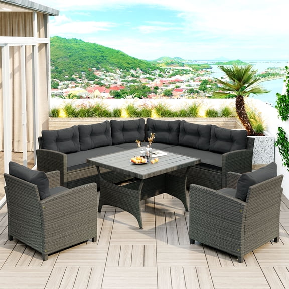 SYNGAR 6 Piece Outdoor Wicker Sofa Sets, Patio Conversation Sofa Sets with Dining Table, All Weather Rattan Sectional Furniture Set with Gray Cushions, for Garden, Backyard, Deck, Poolside, D7046