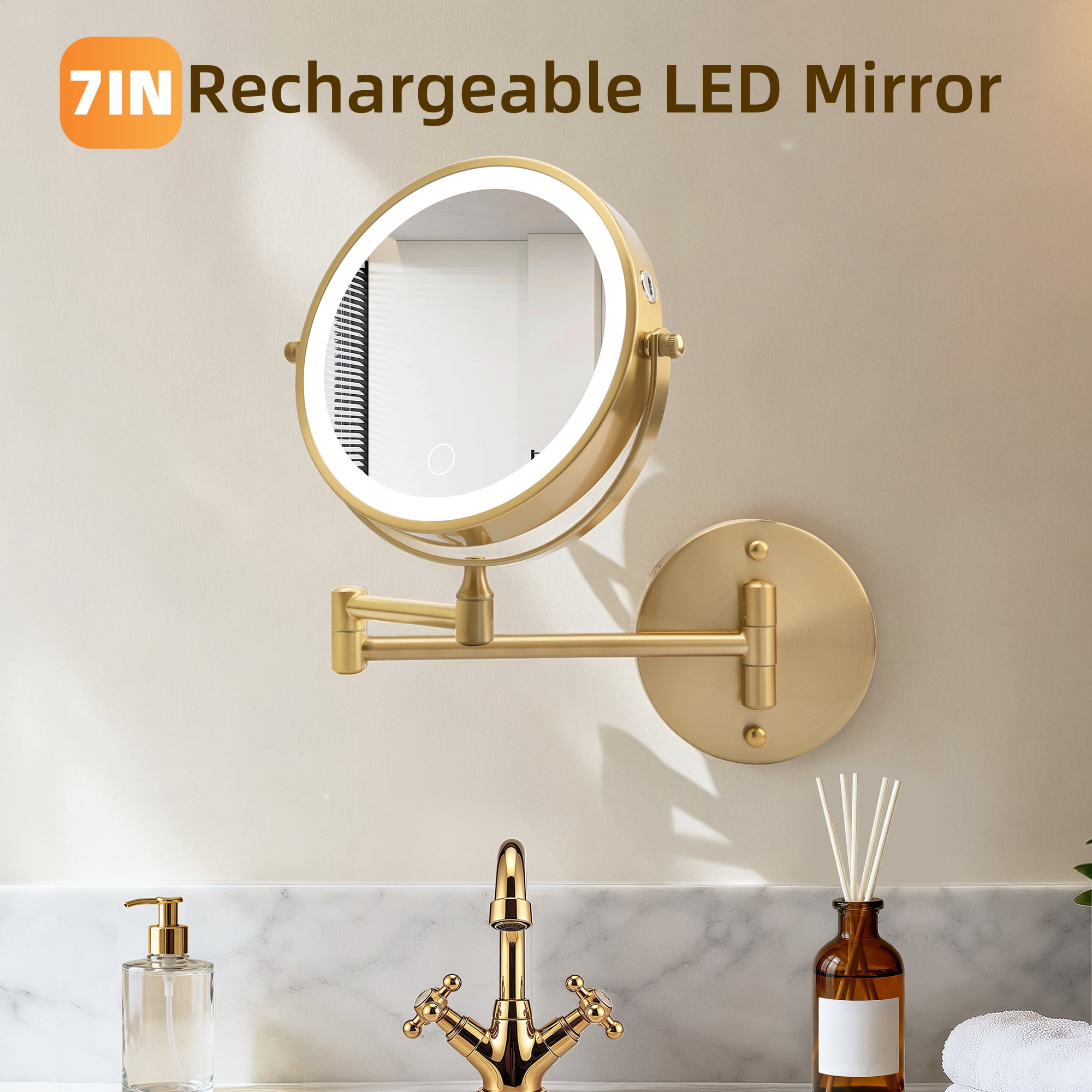 8-Inch Rechargeable Wall Mounted Makeup Mirror with LED Lights, 1X/10X Double-Sided Magnifying Mirror for Bathroom, Gold
