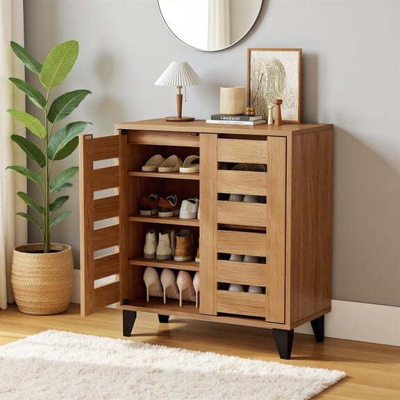 Topcobee 4-Tier Farmhouse Shoe Organizer with Louvered Door, Modern Furniture for Home Living Room-Natural