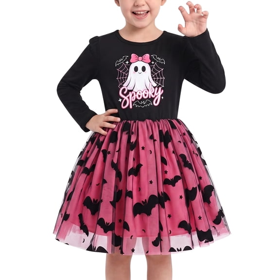 Sunny Fashion Girls Dress Black Pink Ghost Bat Long Sleeve Holiday Halloween Tulle Party Knee Length Dress 4 Years