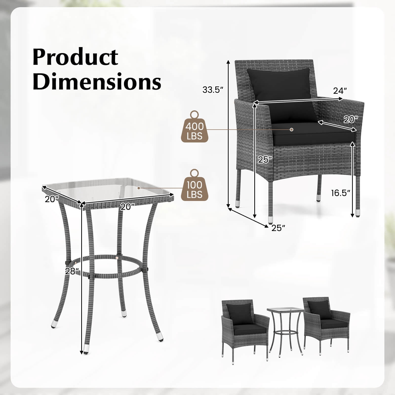 Costway 3 PCS Patio Furniture Set with Cushioned Patio Chairs & Tempered Glass Coffee Table Black