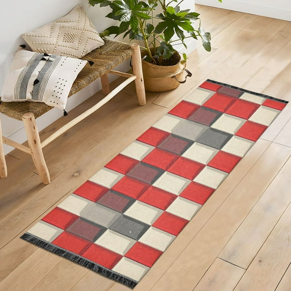 Ryvnso Checkered Red and Gray Bedroom Runner Rug 2'x6' Hallway Area Carpet Non Slip Entryway Mat with Tassels