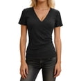 thumbnail image 2 of Short Sleeve Shirts for Women V-Neck Solid Color Y2K Loose Basic Tops Casual Summer Spring Tee, 2 of 5