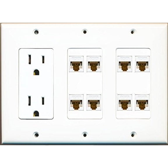 RiteAV 15A 125V Power Outlets 8 x Cat6 Ethernet Triple 3 Gang Wall Plate