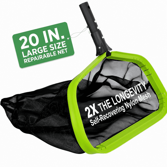 WaterJingle 20 in Heavy Duty Pool Skimmer Net, Fine Nylon Mesh Leaf Rake with Inclined Scoop Lip, Fits 1-1/4 in Poles, No Pole