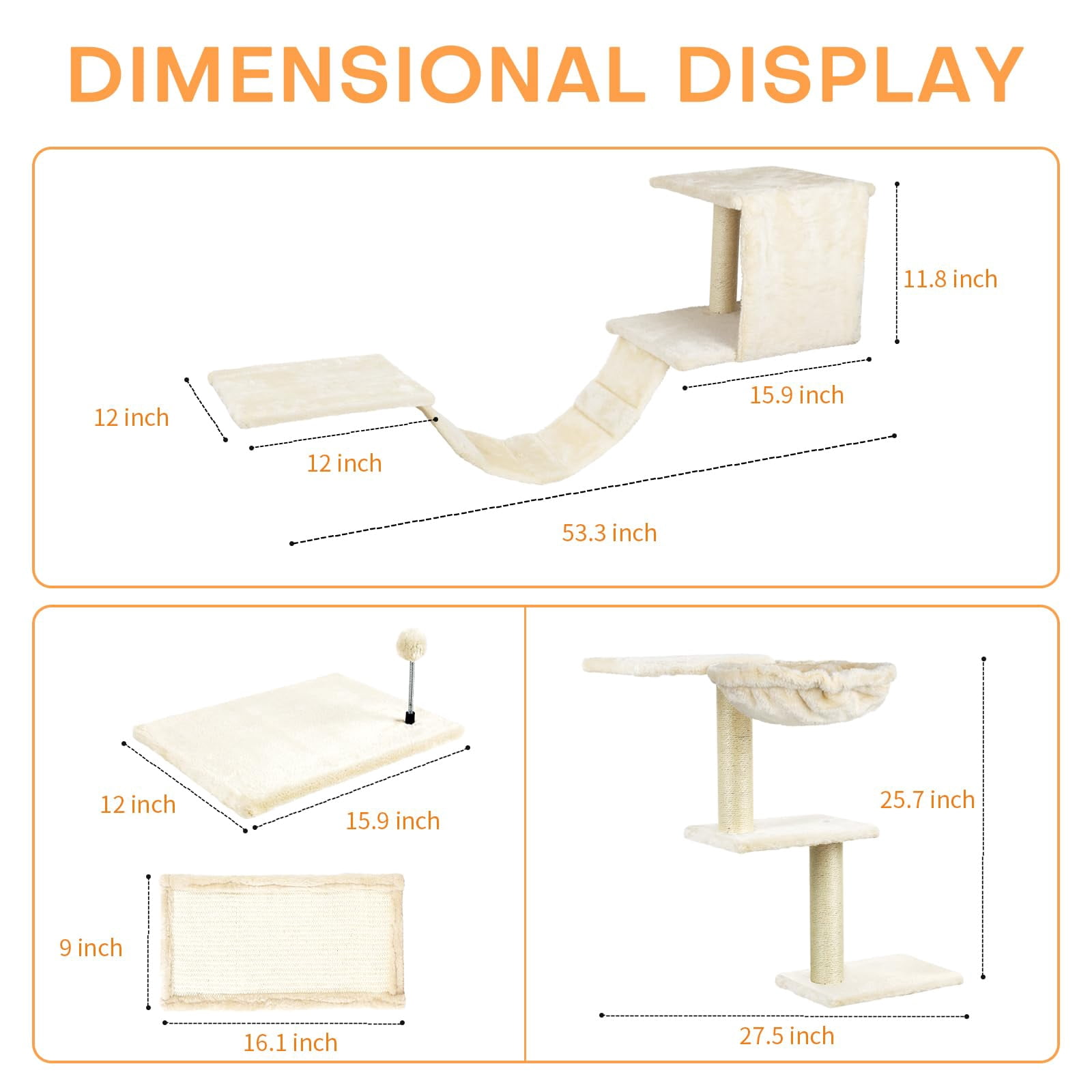 Cat Wall Shelves  Multi-level Climbing Furniture Space-saving Wall-mounted Climber Set With Perches Bridge Hammock Board & Ball For Indoor Play (beige)