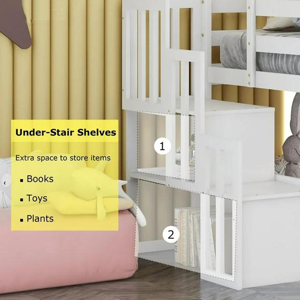 Gewnee Wood Twin Low Loft Bed with Storage Staircase and Safety Guardrails for Kids,White
