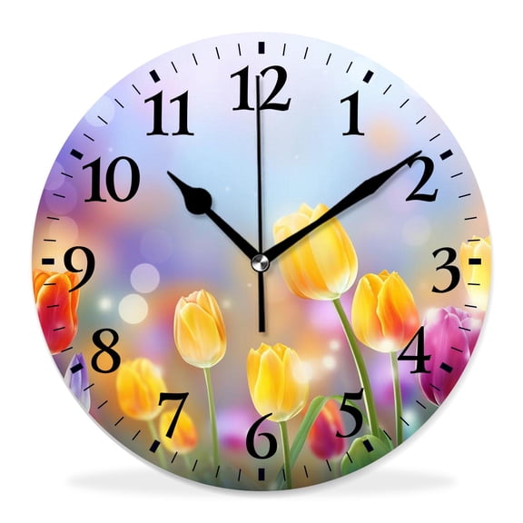 14 Inch Wall Clock Battery Operated Silent Clock Decorative for Office, Kitchen, Outdoor, Living Room，Spring Tulip Purple Flower Style