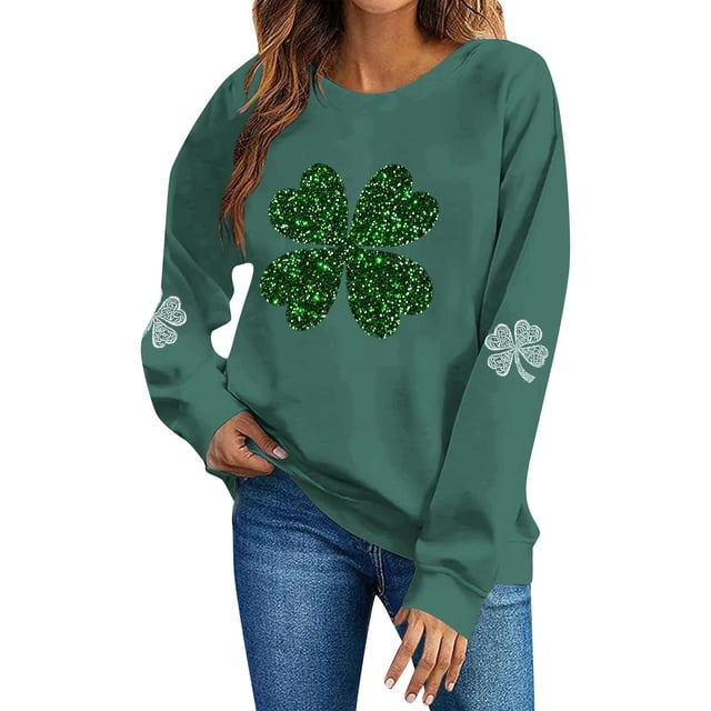 TaTaai Ladies Crewneck Sweatshirt Long Sleeve St Patricks Day Print Casual Pullover Fleece Lined Holiday Top Gift