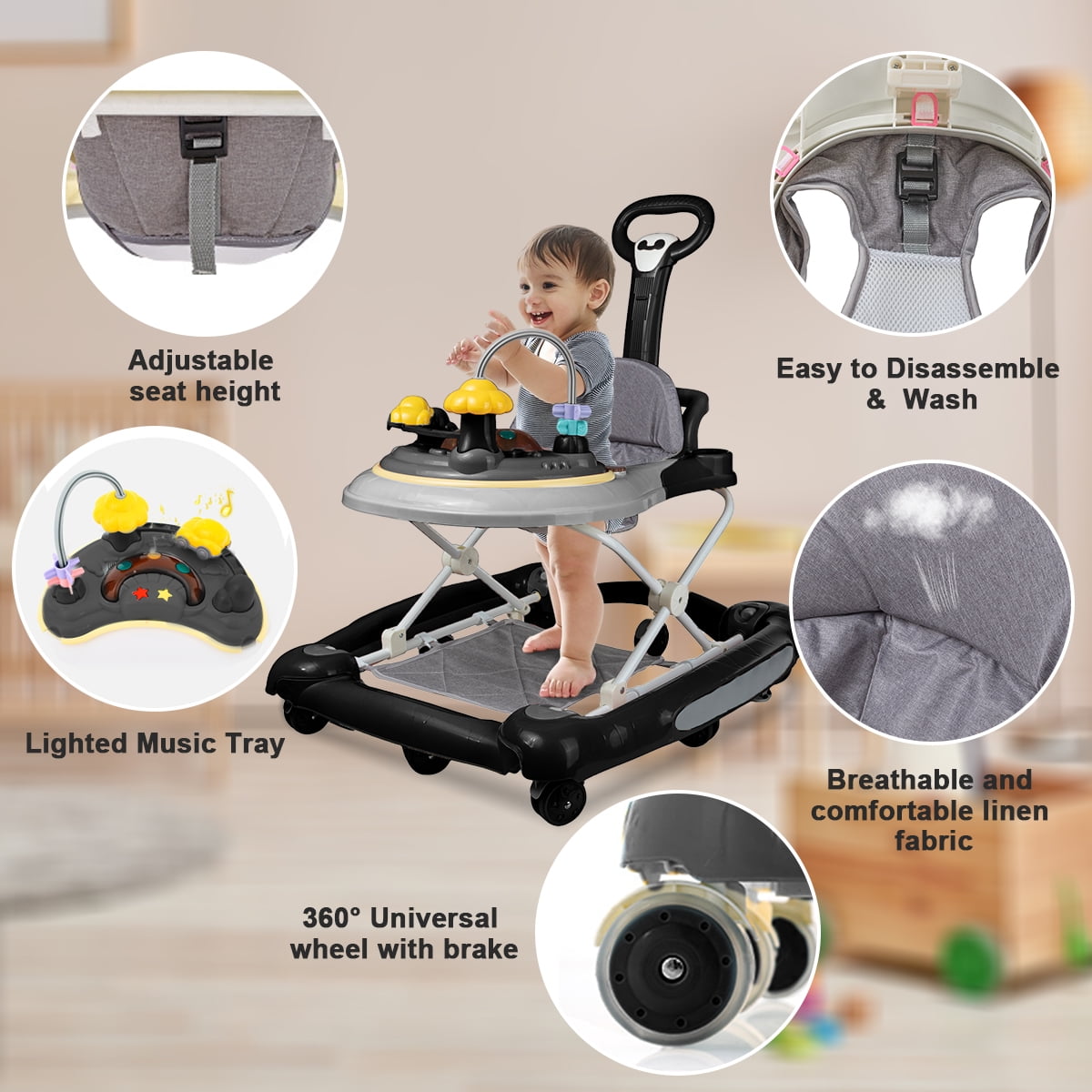 FACNOATIHN 5-in-1 Baby Walker, Musical Activity Push Walker with Detachable Awning Footrest, Adjustable Height, Black