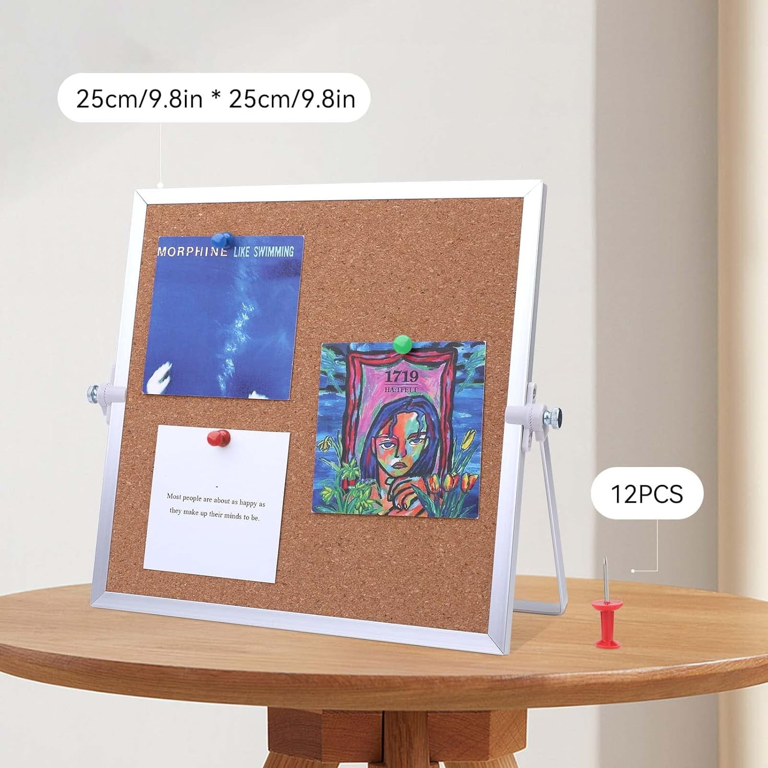 9.8"×9.8" Cork Board Bulletin Board, Double Sided Pin with Silver Aluminum Border, Desktop Small Stand Suitable for Home, Office, Desk Message or Picture