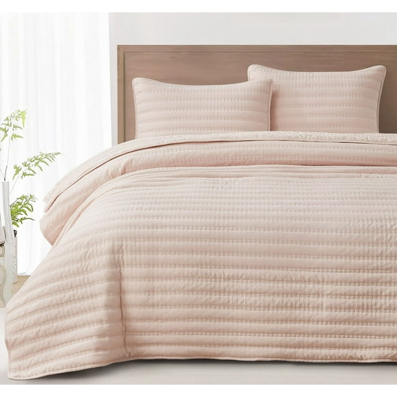 Chezmoi Collection Valkyrie 3-Piece Blush King Size Quilt Set - Cross Stitch Stone-Washed Soft Microfiber Lightweight Quilted Bedspread Set for All Seasons