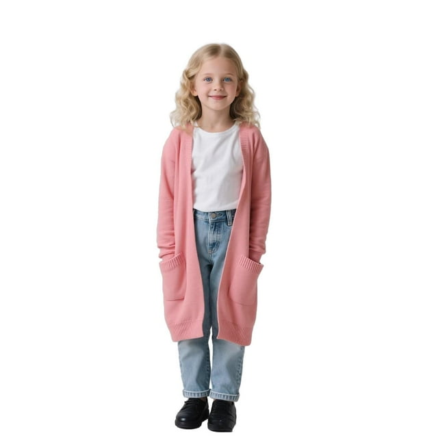 Cardigans for Girls Long Sleeve Mid Length Cardigan Sweaters Kids Oversized Open Front Knit Outerwear with Pockets, Kids Fall Knitwear, Pink, 6-7 Years
