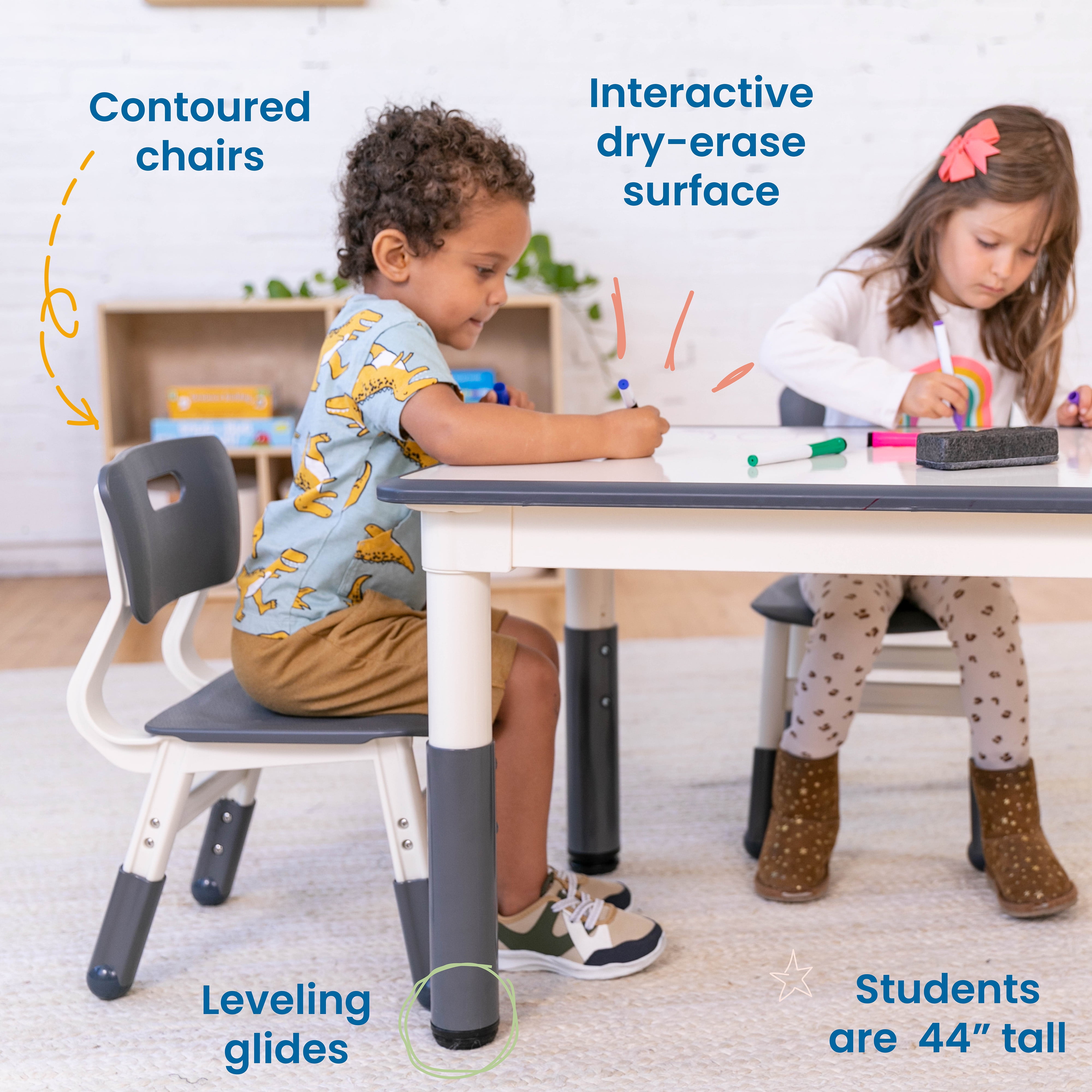 ECR4Kids Dry-Erase Rectangular Activity Table with Two Chairs, Kids Furniture, Grey, 3-Piece