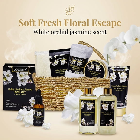 Lovery Christmas Gift Basket for Women, Orchid & Jasmine Spa Gift Set with Towel, 9 Piece