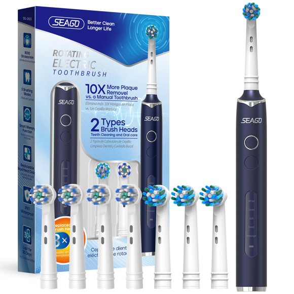 SEAGO Rotating Electric Toothbrush with 8 Round Brush Heads, with 5 Cleaning Modes, Sonic Technology Whitening Teeth in 14 Days, for Adult and Kids, SG-2603 (Blue)