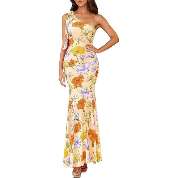 PRETTYGARDEN Womens Summer One Shoulder Maxi Dress Floral Sleeveless Bodycon Mesh Long Formal Wedding Guest Dresses