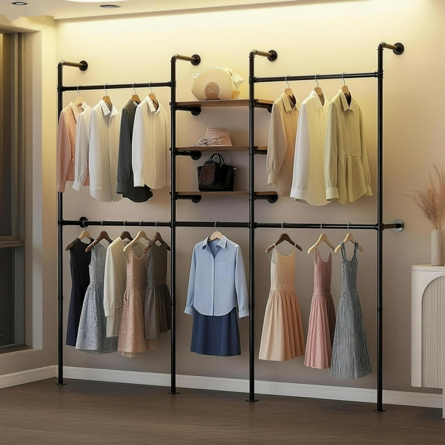 BeesClover Porte-Vêtements Mural, Étagère Suspendue pour Vêtements en Tuyau Industriel - Rangement Polyvalent pour Garde-Robe à Entrée Piétonne, 2 Méthodes d'Installation