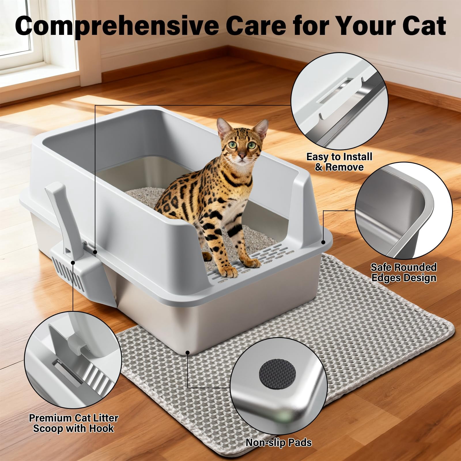 2pack Stainless Steel Litter Box  Xl Extra Large Cat Boxes For Big Cats Metal With Lid High Sides Leak-proof Never Absorbs Odors Easy Cleaning Non-stick Scoop Included