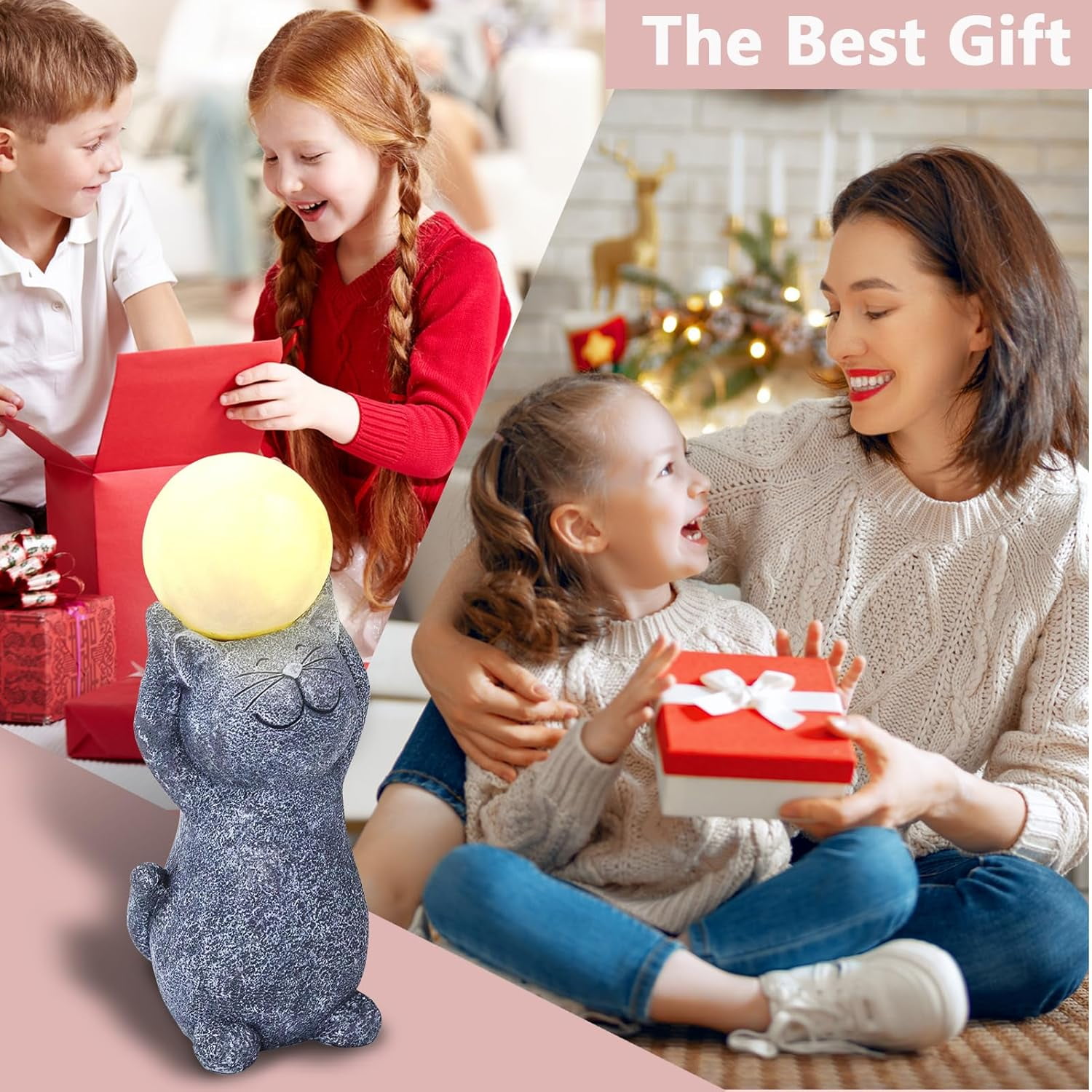 Solar Garden Decor Cat Moon Outdoor Statue and Figurine Lights,Outdoor Patio Sculpture Decor LED Light Gifts for Mom or Daughter, Garden Statues Birthday Gifts for Women Home and Yard with Solar Lamp