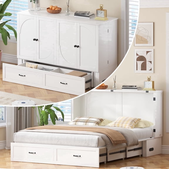 Puremind Queen Size Murphy Bed with Mattress and Charging Station, Cabinet Bed with Storage Drawer, Murphy Bed Furniture for Bedroom/Office/Guest Room, White