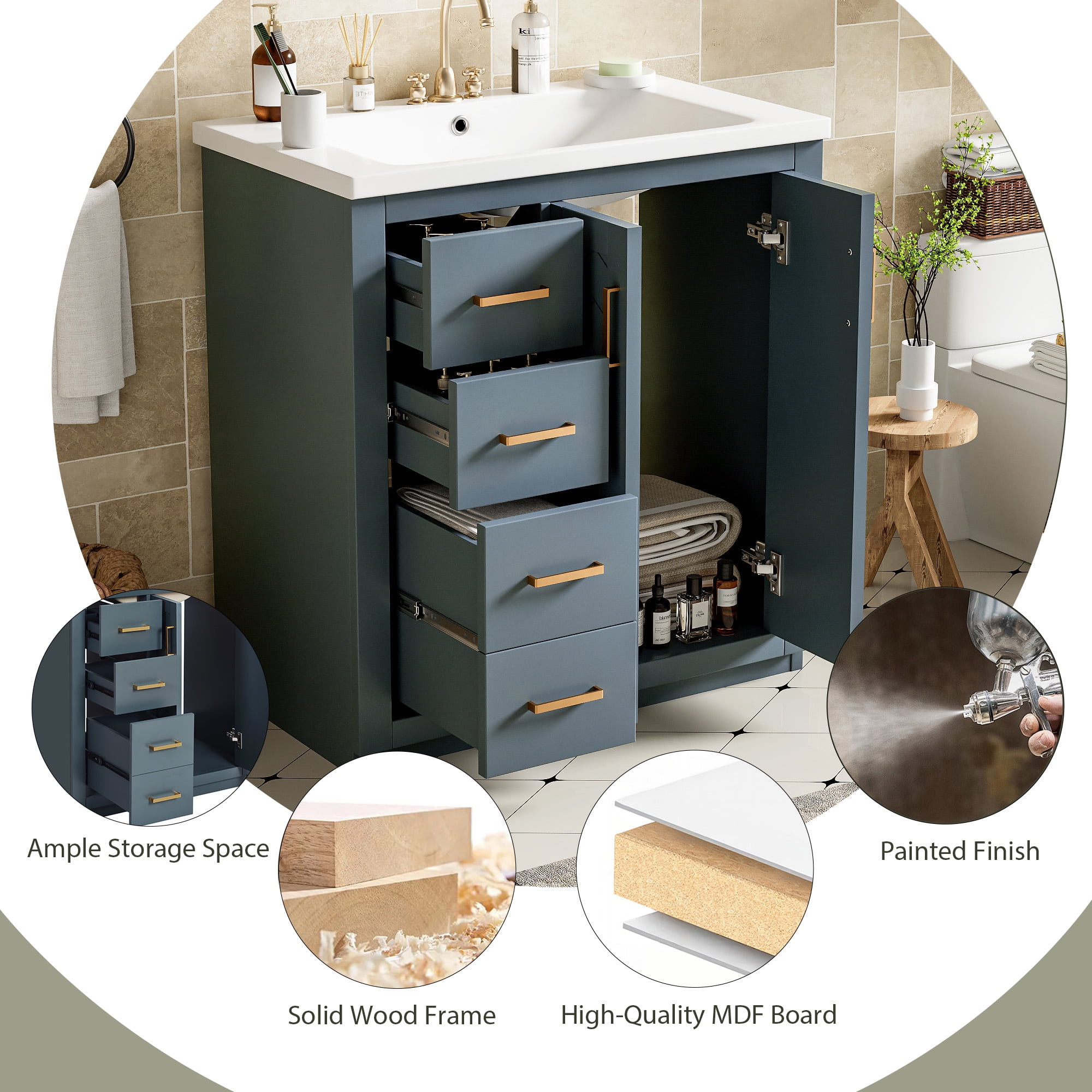 Euroco 30'' Bathroom Vanity with Ceramic Sink Combo,Solid Wood Frame Bathroom Storage Cabinet, Freestanding Vanity Set with 3 Drawers& Soft Closing Doors