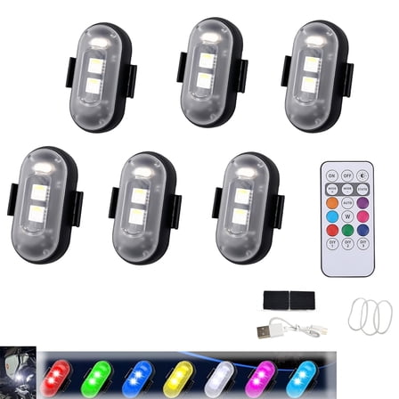 6 Pcs Magnetic LED Strobe Lights with Remote Control， Wireless USB Rechargeable Warning Flashing Lights for Car Motorcycle Bike Drone， Multi-Color Anti Collision Lights