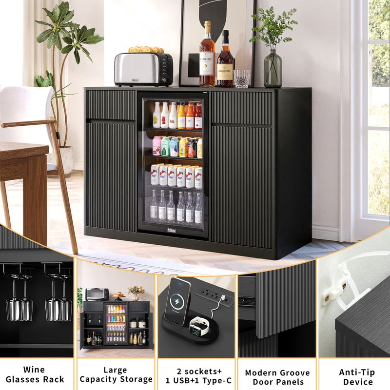 53.2"W Fluted-Door Kitchen Sideboard Buffet with Mini Fridge Nook, Freestanding Bar Wine Storage Cabinet with Charging Station