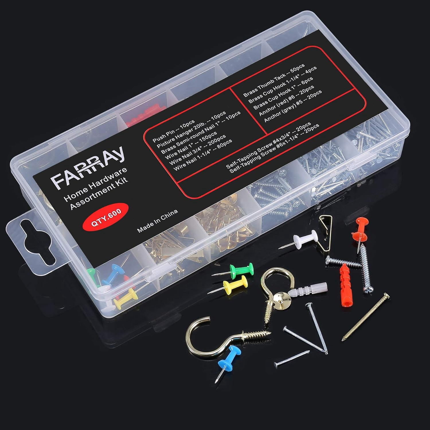Repair and Wall Hanging Kit: Screws, Nails, Drywall Anchors, Picture Hangers, Cup Hooks, Push Pins, Thumb Tacks, 600pcs