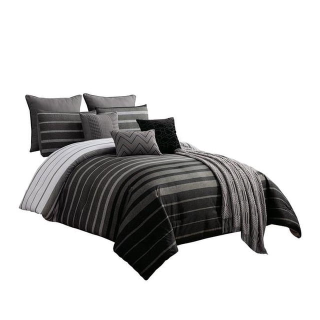 Benjara BM227294 Polyester Comforter Set with Striped Details, Black & Gray - King Size - 10 Piece